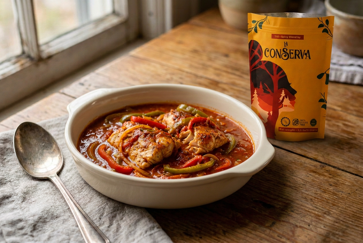 Braised Creole fish in a deep serving dish with Tití pouch