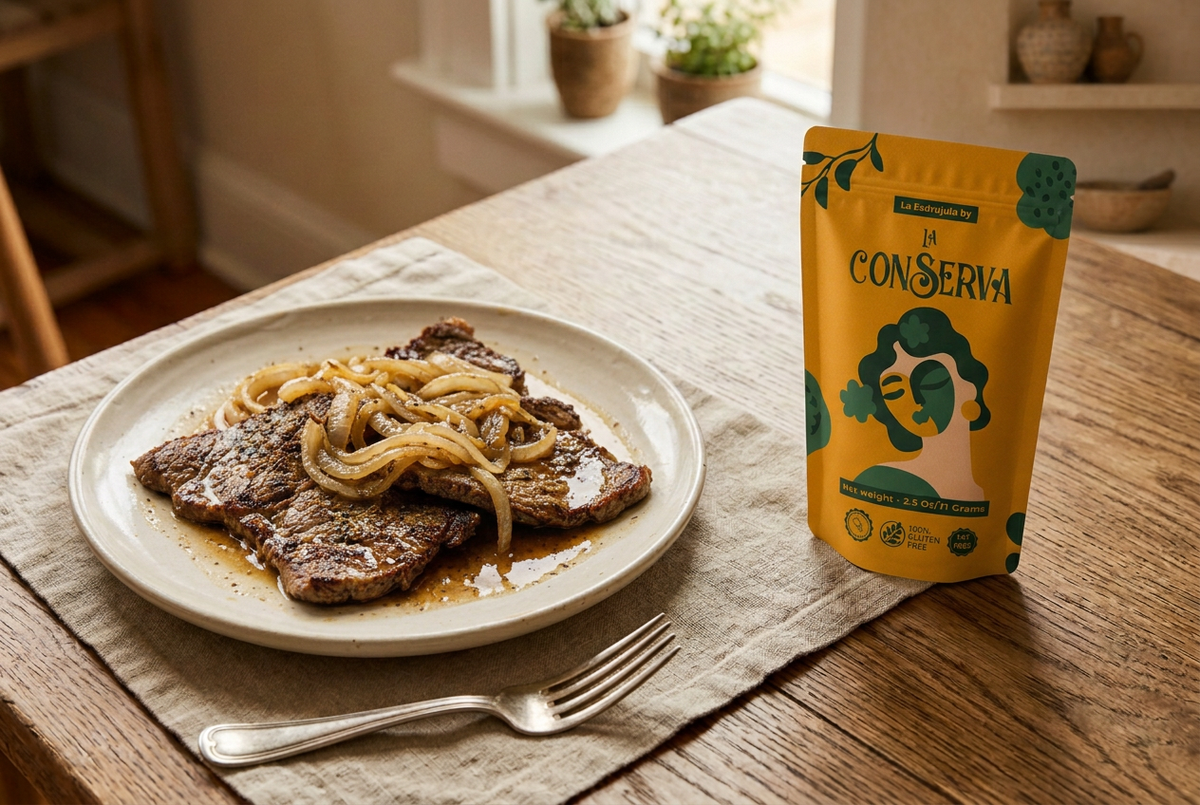Steak and sautéed onions with La Esdrújula
